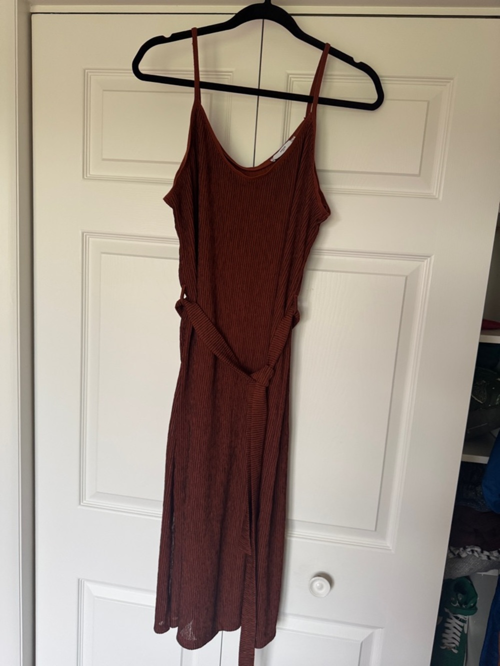 Mango Rust Brown Ribbed Midi Dress with Waist Tie